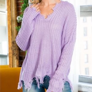 Miracle Lavender Purple Ripped Tassel Destroyed Oversized Cropped Sweater S M L